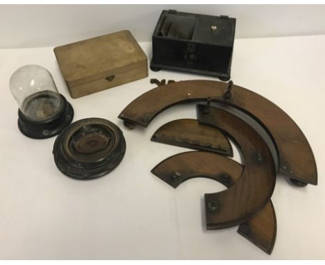 A quantity of assorted small antique items. Comprising; 2 pocket watch domes, tea caddy, mahogany stand and a small box. 