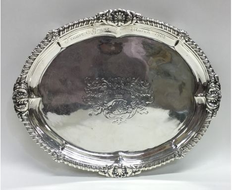 PAUL STORR: A rare oval Georgian silver salver with gadroon rim and crested centre. London 1813. Approx. 440 grams. Est. £800