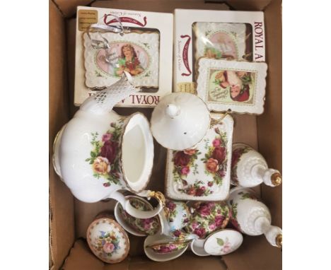 A mixed collection of Royal Albert Old Country Roses Pattern items to include small tea pot, season greeting ceramic postcard
