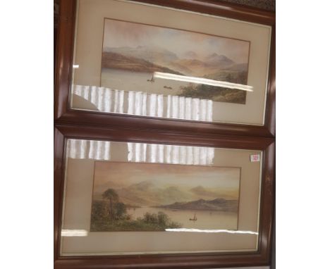 Late 19th / early 20th century pair of watercolours of lakeland scenes, signed E lewis or similar. Measuring 23cm x 53cm excl