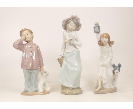 Nao figurines to include boy with teddy bear, girl with lantern and girl with dove (3) 