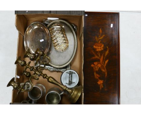 A collection of metal ware to include brass candlestick, silver plated trays , metal tankards  together with a veneered wall 