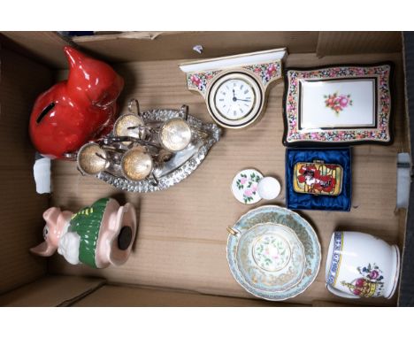 A mixed collection of items to include Wedgwood Clio Pattern lidded box &amp; mantle clock, Silver plate Egg Cup stand &amp; 