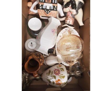 A mixed collection of items to include small Belleek vase, converted oil lamp and shade, novelty tea pots etc (1 tray) 