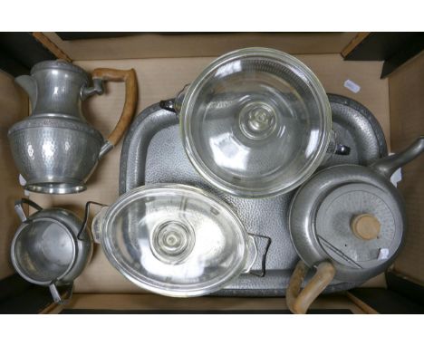 Craftsman Pewter Tea Service &amp; tray together with silver plated Pyrex serving bowls 