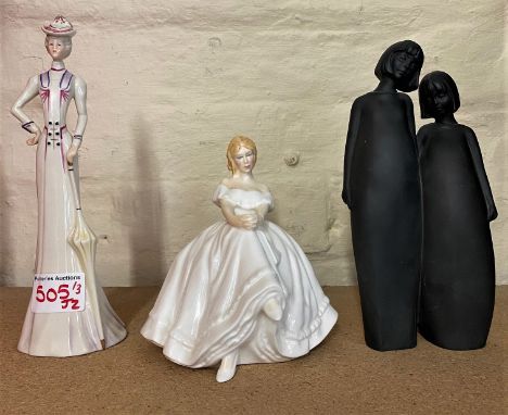 Royal Doulton lady figure Heather HN2956 together with Royal Doulton Figure Sisters HN3019 &amp; A Portguese Epoca figure (3)