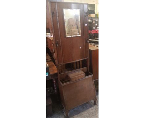 Early 20th Century Oak Hall Stand with Mirror, Cast Iron Hooks and Original Drip Trays. Height 183cm 