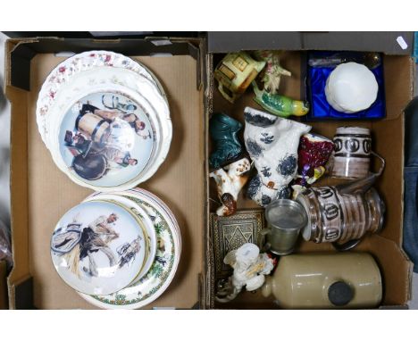 A mixed collection of items to include Decorative wall plates, Staffordshire Dogs, Boxed Aynsley pickle dish, Poole Seal, Bes