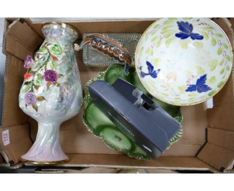 A mixed collection of items to include boxed Waterford vases, wade boat, lustre vase, bowl ( 1 tray) 