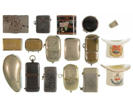 SIXTEEN BRASS, PLATED, GUNMETAL AND OTHER VESTA CASES including combination vesta and sovereign cases, snuff box, an early 20