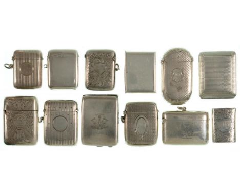 TEN SILVER VESTA CASES  including a plain example with 'secret' fall front revealing a locket, 4.5cm h, by Joseph Walton, Lon