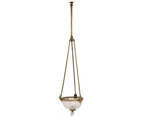A VICTORIAN BRASS GAS CEILING LAMP  the partly frosted hemispherical glass bowl in pierced guilloche mount applied with three