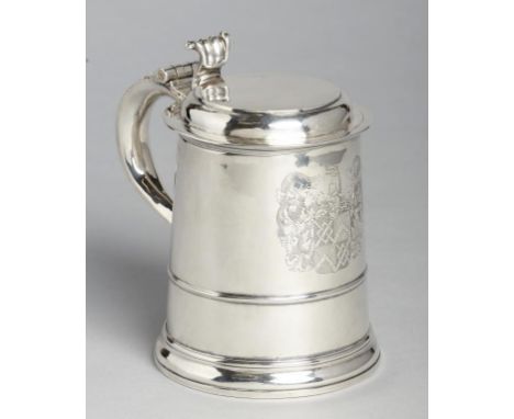 A GEORGE I SILVER TANKARD with moulded girdle and scroll thumbpiece, engraved with armorials, 17.5cm h, by Richard Bayley, Lo