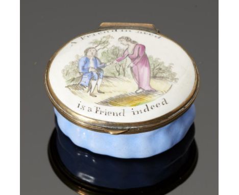A SOUTH STAFFORDSHIRE ENAMEL PATCH BOX, C1780  the lid printed and  painted with figures and inscribed A Friend in Need/is a 