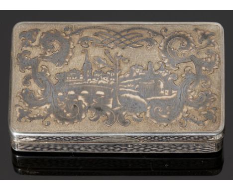 A RUSSIAN SILVER GILT AND NIELLO SNUFF BOX the lid and underside decorated with landscapes framed by scrolls, the sides with 
