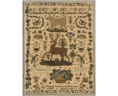 AN ENGLISH LINEN SAMPLER BY A BOY HARTLEY JACKSON STEPHENSON 1833 AGED 11 YEARS  worked with a prominent stag and mastiff, bi