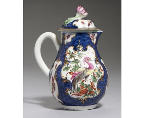 A WORCESTER SCALE BLUE GROUND SPARROW BEAK MILK JUG AND COVER, C1768-70 painted with panels of dishevelled birds and insects,