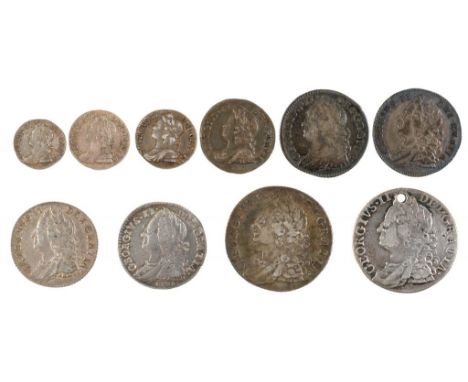 GREAT BRITAIN.  MILLED SILVER, GEORGE II SHILLING 1758 (2) Sixpences, 1743 Roses, 1746 Lima, 1757 (2); Maundy Threepence 1746