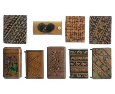 NINE VICTORIAN TREEN VESTA CASES, C1870-1900   including a Scottish souvenir or Mauchline ware Go to Bed matchbox with print 