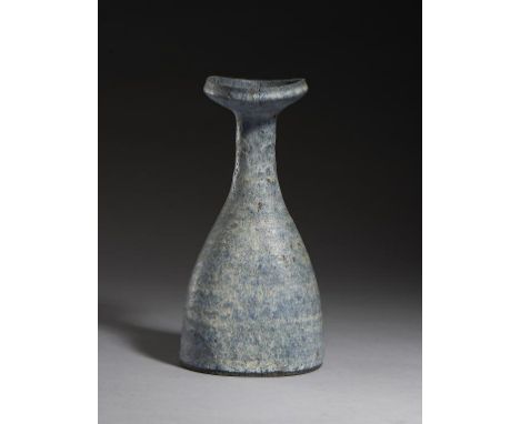 DAME LUCIE RIE, DBE (1902-1995) STONEWARE FLOWER VASE C1960-64   of squeezed oval, two piece form, the blue glaze flecked wit