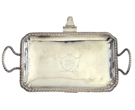 A SHEFFIELD PLATE CHEESE TOASTER BY TUDOR & CO, C1770 with gadrooned rim and spiral handles, engraved with armorials, 57cm w 