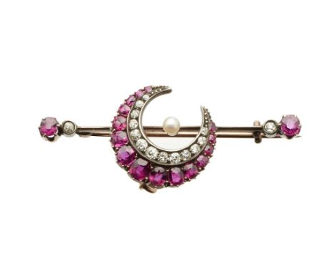 A VICTORIAN, RUBY AND DIAMOND AND PEARL CRESCENT BROOCH, C1880  on gold knife wire, 51mm, 6.5g, case signed for C R KERSHAW D
