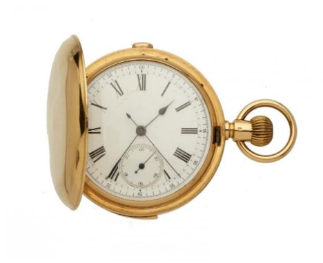 A SWISS 18CT GOLD KEYLESS LEVER HUNTING CASED QUARTER REPEATING CHRONOGRAPH    with centre and subsidiary seconds, gold dust 