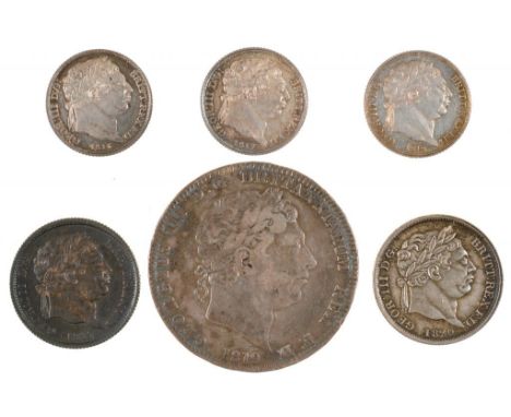 GREAT BRITAIN.  MILLED SILVER, GEORGE III CROWN 1819 Shilling 1817, 1820, Sixpences 1816, 1817, 1820, first f, others gEF-BU 