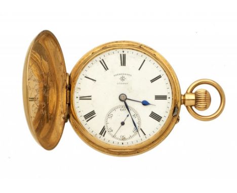 AN ENGLISH 18CT GOLD KEYLESS LEVER HUNTING CASED WATCH ROTHERHAMS LONDON No 379180, the three quarter plate movement engraved