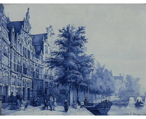 A DUTCH DELFTWARE PLAQUE,  C1890 painted after Cornelius Springer with a view on the Oude Delft in Delft, 26 x 34cm, circular