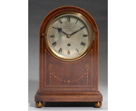AN ENGLISH MAHOGANY AND INLAID FUSEE TIMEPIECE, S SMITH & SON LTD TRAFALGAR SQUARE WC, 19TH C with silvered dial and hinged b