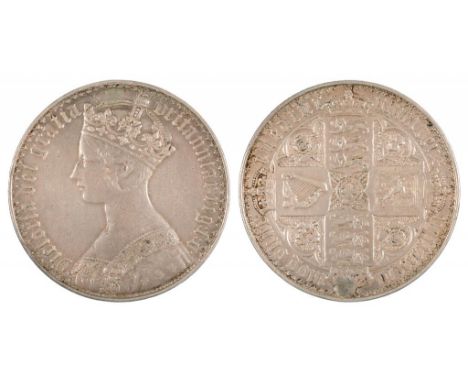 GREAT BRITAIN.  MILLED SILVER, VICTORIA GOTHIC CROWN 1847 F or better, holed and plugged++++