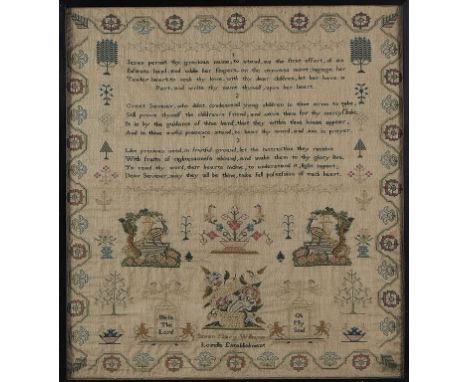 AN ENGLISH LINEN SAMPLER SUSAN MARY WILLIAMS LOZELLS ESTABLISHMENT, EARLY 19TH C worked with peafowl, tablets with lion suppo