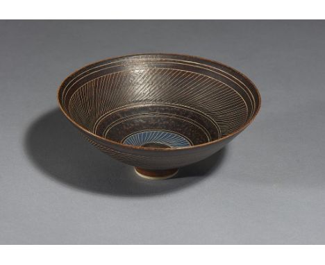 DAME LUCIE RIE, DBE (1902-1995) PORCELAIN BOWL, C1960  in manganese and blue glaze with bands of diagonal sgraffito lines, 15