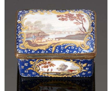 AN ENAMEL BOX IN ENGLISH 18TH C STYLE, FRENCH, LATE 19TH C  painted with landscapes reserved on a blue ground, giltmetal moun