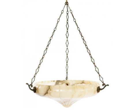 A FLUTED ALABASTER CEILING LIGHT, EARLY 20TH C  the bowl suspended from three oxidised metal hooks, 36cm diam++One or two sma