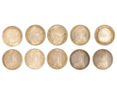 GREAT BRITAIN.  MILLED SILVER, VICTORIA SIXPENCE 1880, 1881, 1882, 1887WD (4), 1887 (2), 1901 Extremely Fine - Brilliant Unci