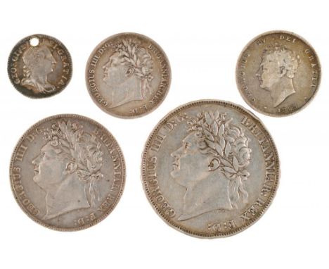 GREAT BRITAIN.  MILLED SILVER, GEORGE III CROWN 1822 Tertio, good Fine, Half Crown 1820 F-VF, Shilling 1824 F, others (2) (5)