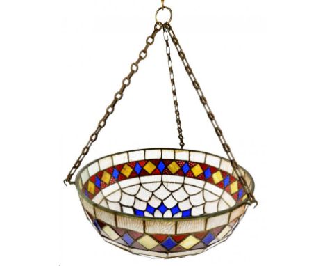 AN OPAL GLASS AND COLOURED GLASS HANGING LAMPSHADE, C1930 suspended from three brass chains, 52cm diam++Slight damage