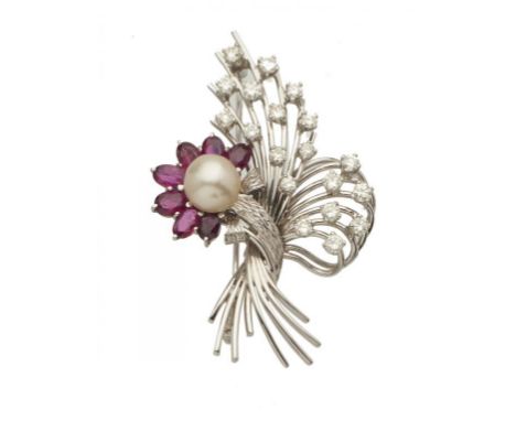 A RUBY, DIAMOND AND CULTURED PEARL SPRAY BROOCH  in white gold, 55mm, marked 585, 17.4g++In good condition