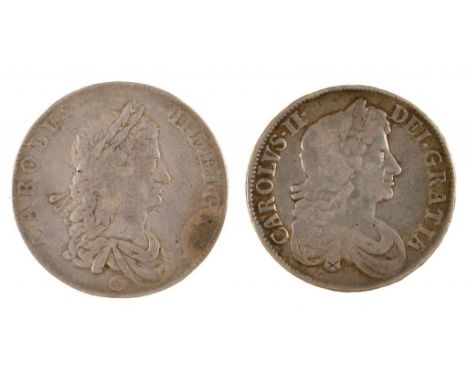 GREAT BRITAIN. MILLED SILVER, CHARLES II CROWN 1662 1st bust, 1676 Octavo, both almost F-F (2)++++