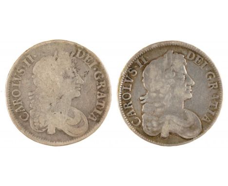 GREAT BRITAIN. MILLED SILVER, CHARLES II CROWN 1676 Octavo, very good, 1677 Nono, F but weak at date (2)++++