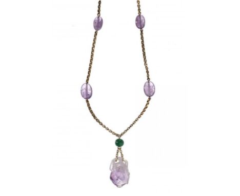 A CARVED AMETHYST, JADE AND GOLD  NECKLACE 53cm l, marked 9ct, 27g++Good condition