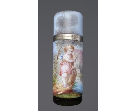 A FRENCH SILVER GILT AND ENAMEL SCENT BOTTLE, LATE 19TH C  painted with Putto in the guise of an angler in a romantic landsca