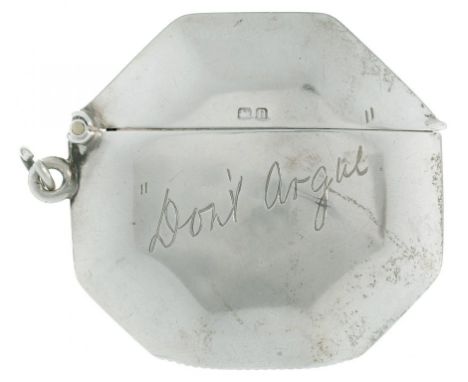 A SILVER OCTAGONAL VESTA CASE ENGRAVED "DON'T ARGUE"    5cm h, maker's mark rubbed, Birmingham 1912, 14dwts++One or two shall