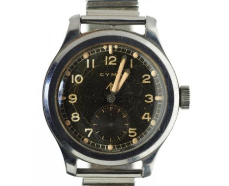 A CYMA STAINLESS STEEL BRITISH MILITARY ISSUE WRISTWATCH, C1945  38mm, caseback engraved arrow and W.W.W./P 8506/13506++Fully