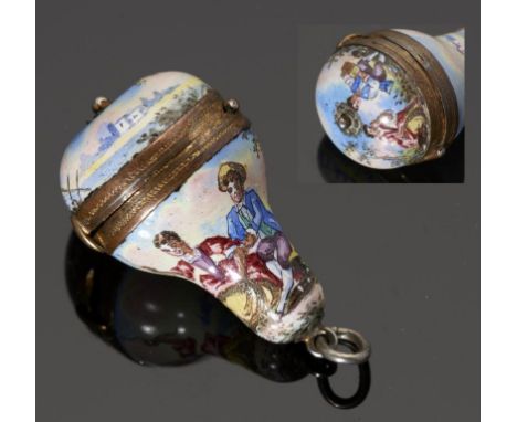 A VIENNESE SILVER GILT AND PAINTED ENAMEL PEAR SHAPED VINAIGRETTE, LATE 19TH C painted with 18th c lovers, rosette grille, 3.
