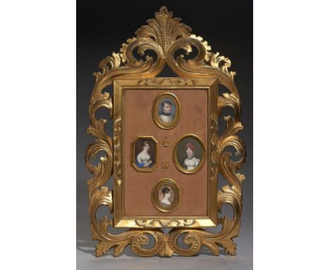 A CARVED AND GILDED FRAME OF FRENCH PORTRAIT MINIATURES OF NAPOLEON AND THREE IMPERIAL LADIES, EARLY-MID 19TH C              