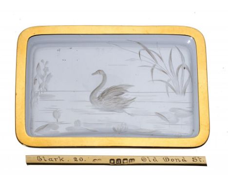 A VICTORIAN 18CT GOLD MOUNTED GLASS DISH intaglio engraved with a swan, 11.5cm w, by Alfred Clark and engraved Clark Old Bond