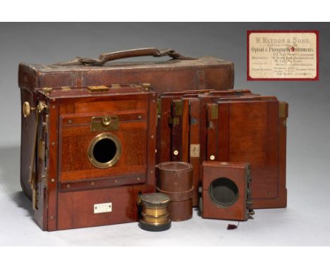 AN ENGLISH MAHOGANY AND BRASS HALF PLATE CAMERA  W WATSON & SONS MANUFACTURERS 313 HIGH HOLBORN  LONDON, C1900 with ivory tra